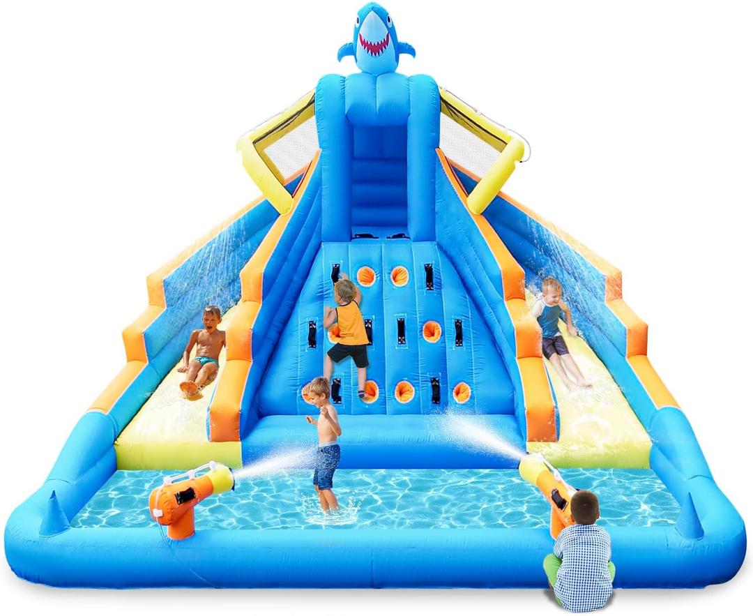 Inflatable Water Slide, 13FT Shark-Themed Large Bounce House with Dual Slides, Climbing Wall, Deep Pool, Water Cannon, 680W Blower, Storage Bag, Backyard Blow Up Water Park for Kids Aged 310
