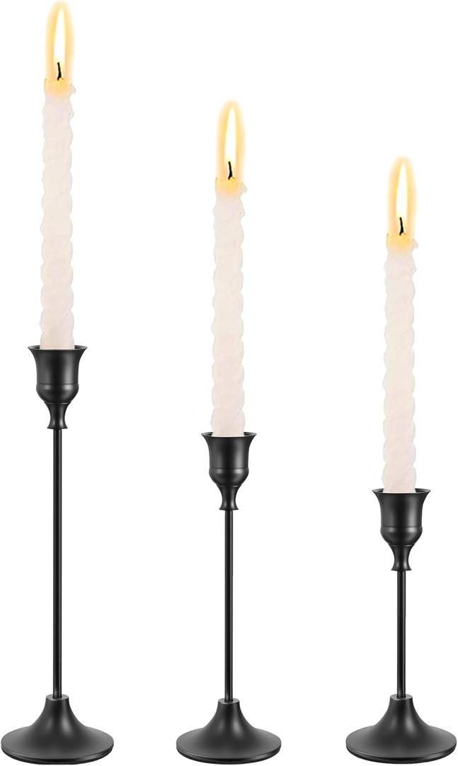 3PC Black Candlestick Holders Set - Vintage Modern Centerpiece for Weddings, Mantels & Home Decor | Taper Candle Holders, Housewarming Decor