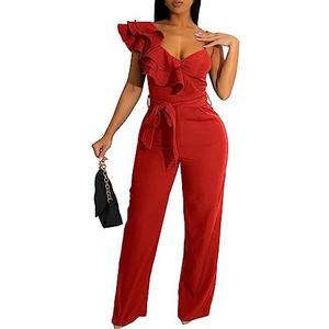 kaimimei Womens Casual Jumpsuits V-Neck Sleeveless Ruffle Backless Belted Wide Leg Pant Sexy Romper Party Clubwear Size S