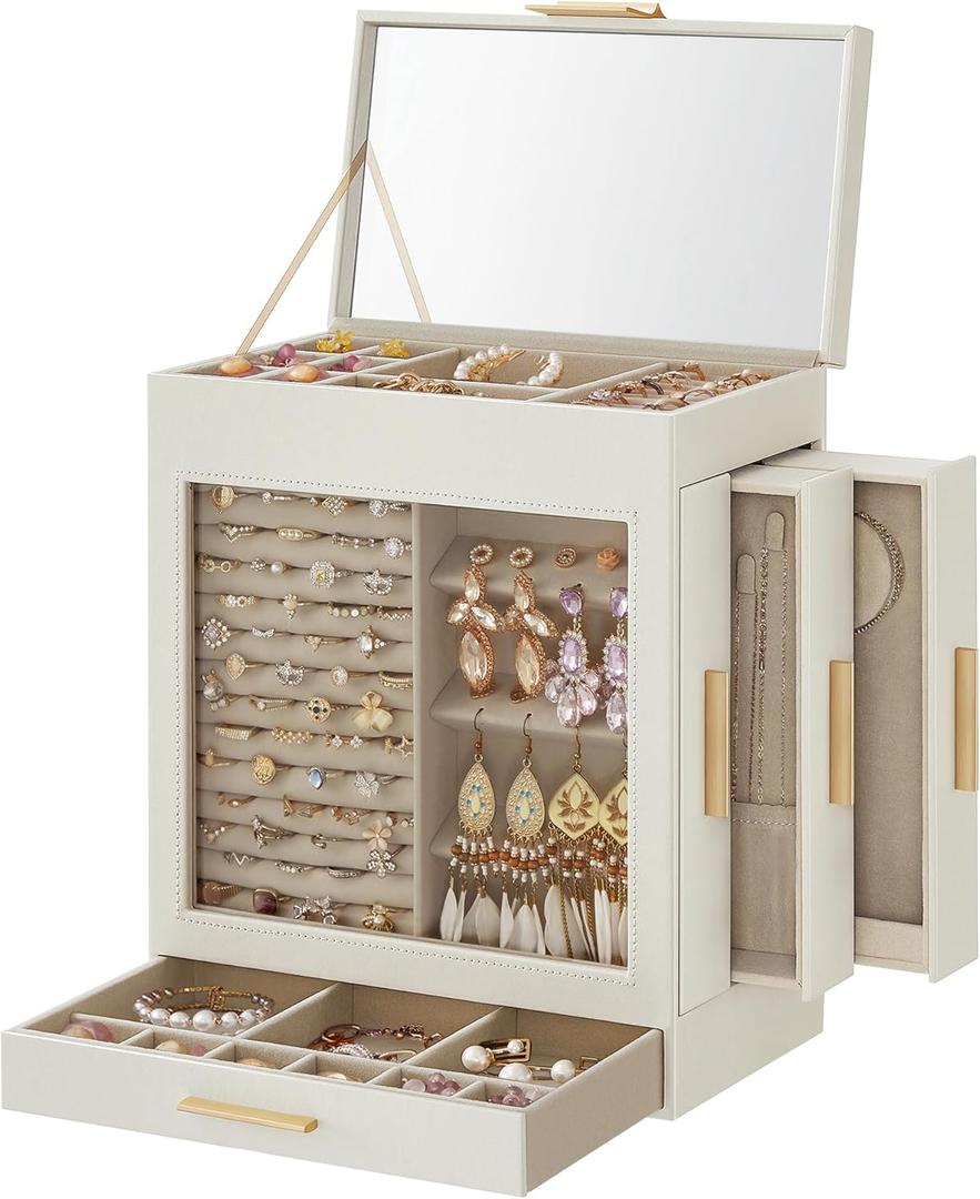 SONGMICS Jewelry Box with Glass Window, 5-Layer Jewelry Organizer with 3 Side Drawers, Jewelry Storage, with Big Mirror, Modern, 6.1 x 10.3 x 12.6 Inches, Cloud White and Metallic Gold UJBC162W01