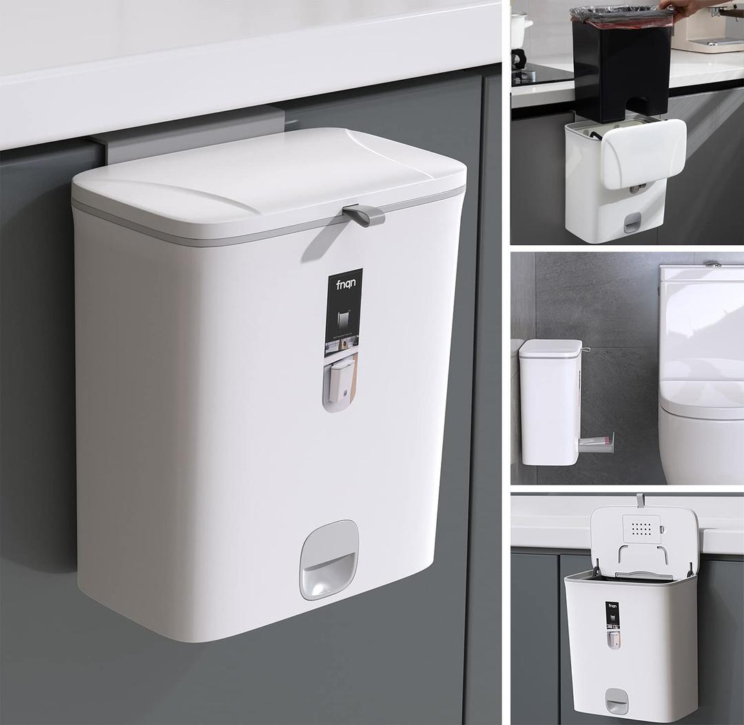 Sooyee Trash Can with Lid,2.4 Gallon Small Trash Can,Hanging or Standing Plastic Compost Bin for Cupboard/Bedroom/Office/Camping/Kitchen/Bathroom,Waste Basket,White (With Inner Barrel) Sooyee Trash Can with Lid,2.4 Gallon Small Trash Can,Hanging or Standing Plastic Compost Bin for Cupboard/Bedroom/Office/Camping/Kitchen/Bathroom,Waste Basket,White (With Inner Barrel)