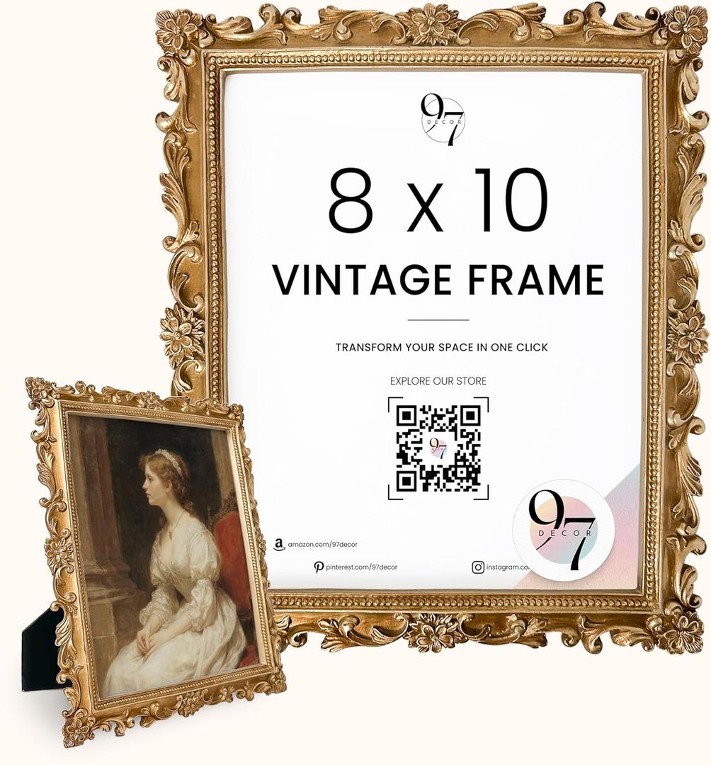 97 Decor Gold Vintage Picture Frames 8x10 - Golden Ornate Picture Frames 8 By 10 For Tabletop Display And Wall Hanging, Decorative Antique 8x10 Frame, Vintage Wall Decor For Home, Bedroom