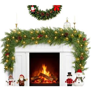 6.5FT Christmas Garland with Lights & Timer,Realistic Green Cedar Garland Battery Operated with Pinecones,Red Berry,Lush Pine Needle Cypress Garland for Mantle,Table,Fireplace,Stairs Railing,Door