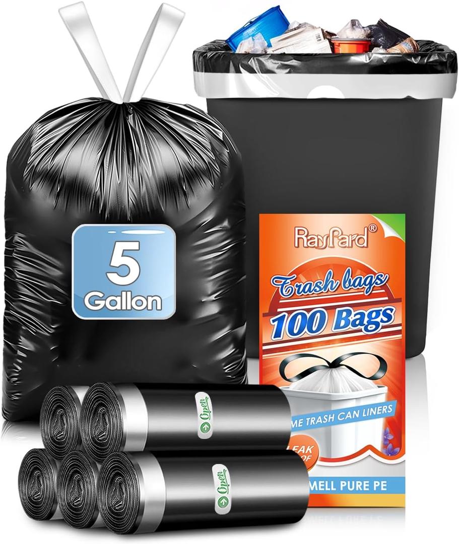 5 Gallon (fit 18-20L)100 Counts Strong Drawstring Trash Bags Garbage Bags by RayPard, Small Plastic Trash Bags Trash Can Liner for Home Office Kitchen Bathroom Bedroom, Black Waste Basket Liners