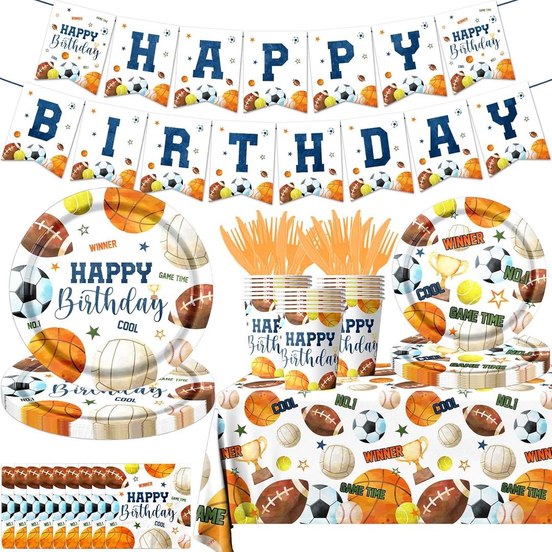 142pcs Sports Birthday Party Decorations Sports Theme Plates and Napkins Kit All Star Basketball Football Baseball Soccer Tableware for Boys Birthday Party Supplies