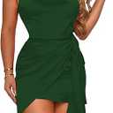 Rooscier Women's Spaghetti Straps Satin Ruched Tie Waist Cowl Neck Party Mini Dress (Dark Green, XXL) 