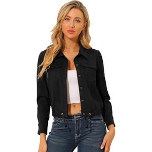 Allegra K Women's Faux Suede Point Collar Button Down Cropped Moto Biker Jacket Large Black