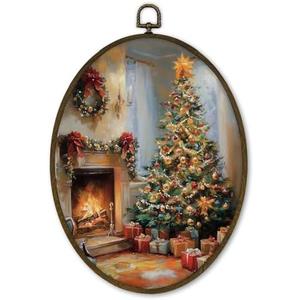 cvjutf Vintage Christmas Fireplace Tree Wall Art Decor Framed, Antique Winter Indoor Christmas Scene Oval Wall Decor Decorations, Rustic Xmas Canvas Prints Art for Home Living Room Bedroom, 8.7x11.3 In