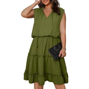 Eytino Womens Plus Size Chiffon Sleeveless V Neck Drawstring Ruffle Layer Swing Mini Dresses,1X Green