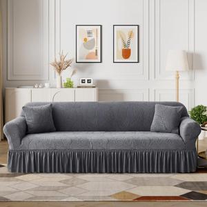 WONGS BEDDING Stretch Velvet Sofa Slipcover, Cushion Couch Cover with Skirt, Pet Friendly Durable Washable Stretchable, Easy Fit Universal Furniture Protector, (75"-91",Dark Gray) (Large)