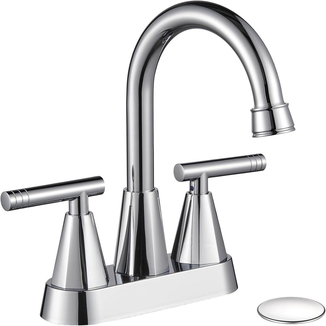 Cobbe Chrome Bathroom Faucets for Sink 3 Hole, 4 inch Chrome Bathroom Sink Faucet with Pop-up Drain and Supply Hoses, Stainless Steel Lead-Free Centerset Touch On Faucets for Bathroom Sink Vanity RV
