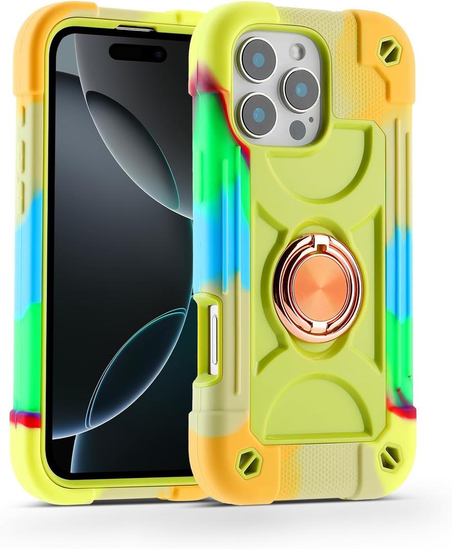 MARKILL Compatible with iPhone 16 Pro Max Case 6.9 Inch with Ring Stand, Heavy-Duty Military Grade Shockproof Phone Kids Cover for iPhone 16 Pro Max (Rainbow Green)