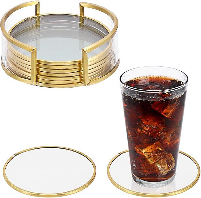 Glass Coaster Set of 8 Drink Coasters with Holder, Gold Brass-Coated Glass Coasters for Drinks, Round Cup Mats Coffee Table Décor for Kitchen, Living Room, Bar, Office, Patio, 4 Inches