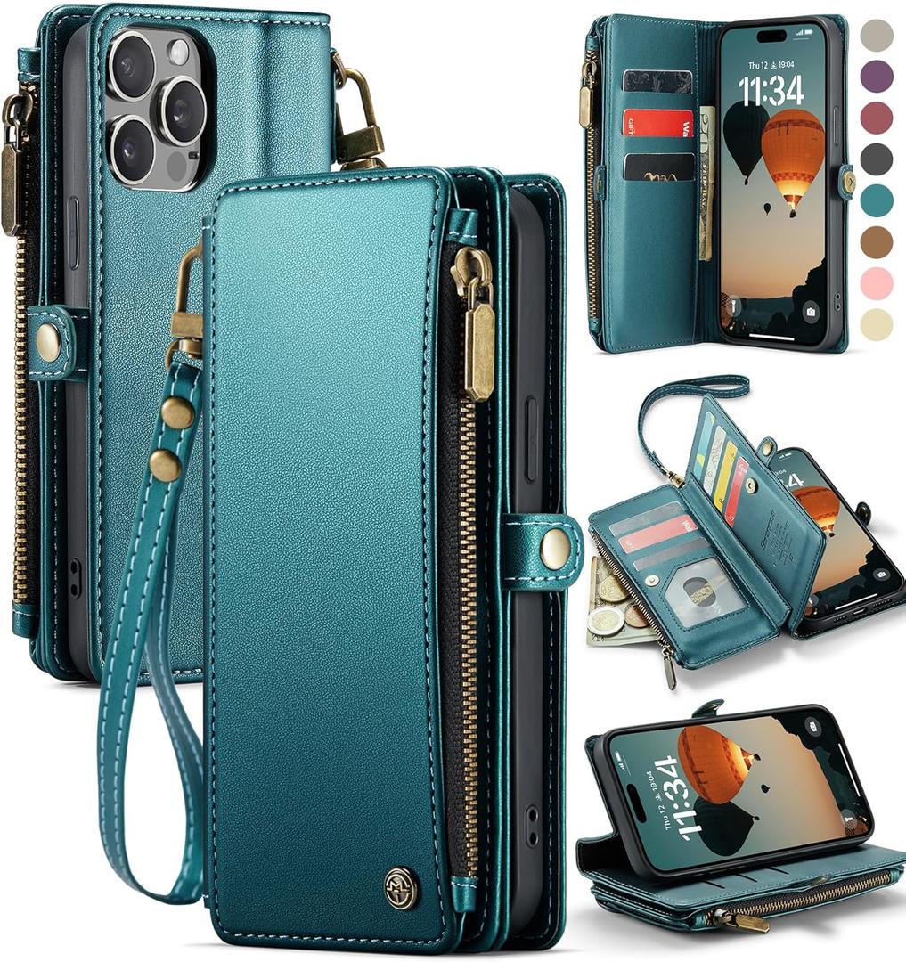 Defencase Compatible with iPhone 15 Pro Max Case Wallet with RFID Blocking Card Holder for Women Men, PU Leather Magnetic Snap Flip Zipper Strap Wallet Phone Case Fit for iPhone 15 Pro Max, Blue Green