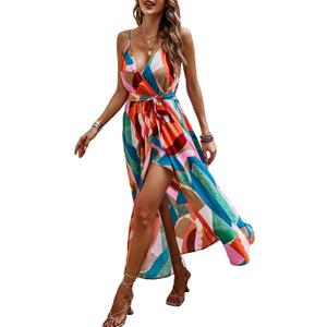 WDIRARA Women's Wrap Front Ruched Hem Sleeveless Spaghetti Straps Belted Colorblock Cami Dress (S)