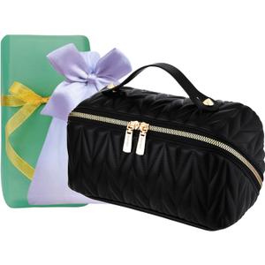 Makeup Bag,Travel Makeup Bag,Toiletry Bag Cosmetic Bag for Women,Lay Flat Makeup Bag, Upgrade Make Up Organizer Waterproof Portable with Divider and Handle(Stylish Black), HZB-M-2309Wheat