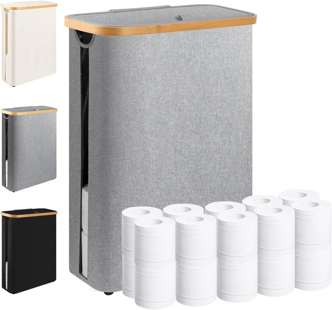 Extra Large Toilet Paper Storage Basket with Lid 49L Slim Toilet Paper Basket Holder Bin Container Organizer for Bathroom Hold up to 20 Regular Rolls or 15 Mega Rolls (Grey)