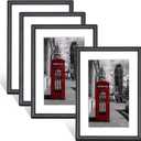 5x7 Picture Frame Set of 4, Black Thin Metal Floating Photo Frame with Glass, for Wall and Tabletop Display, Fit 4x6 with Mat or 5 x 7 without Mat