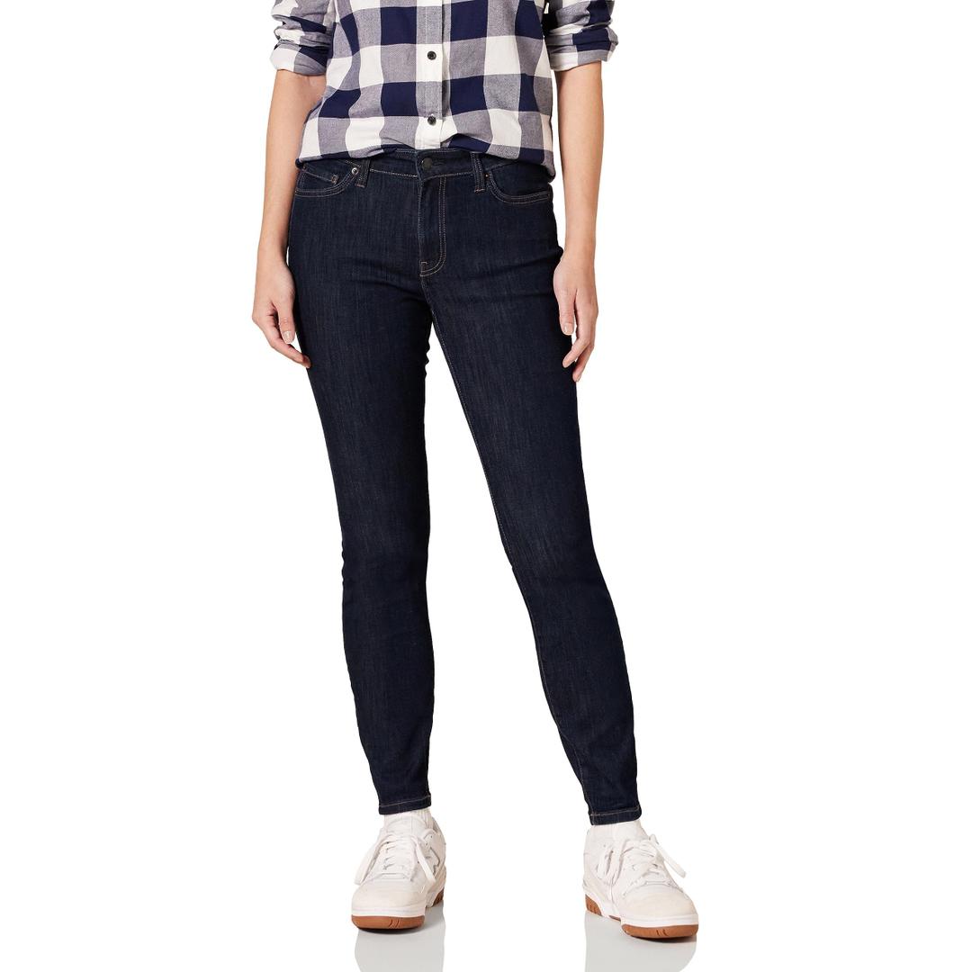 Amazon Essentials Women's Mid-Rise Stretchy Skinny Denim Jeans, 5-Pocket, Black Rinse, 0 Long