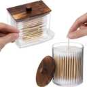 Tbestmax Qtips Holder Bathroom Container, 10 OZ Cotton Ball/Swabs Dispenser, Apothecary Jar Organizer for Storage Brown Wood Lids