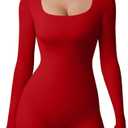 HYZ Women's Casual Long Sleeve Fitted High Waist Workout Daily One Piece Short Jumpsuit (Red) S