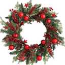 Christmas Red Wreaths for Front Door 20 Inches, Xmas Farmhouse Winter Wreath with Bells Balls Berry Stars for Window Outdoor Outside, Artificial Holiday Rustic Wreath for Indoor Porch Decor