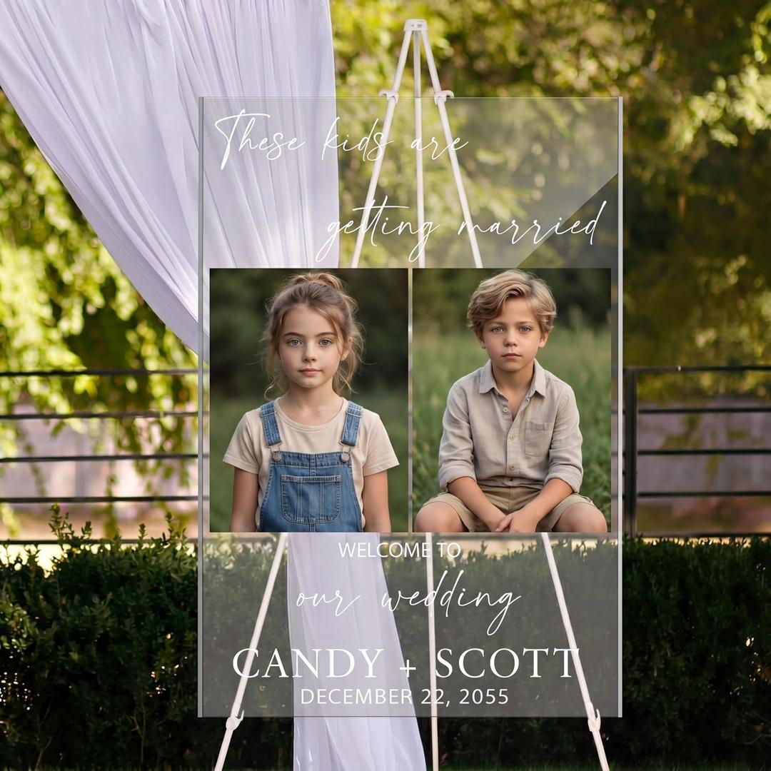 Novabright 6 Pcs These Kids Are Getting Married Acrylic Wedding Welcome Yard Sign 15.8 x 23.6 Inch Large Personalized Wedding Sign with Heavy Duty Metal Stand for Bride Groom Childhood Photos Display, 24 X 16 inch