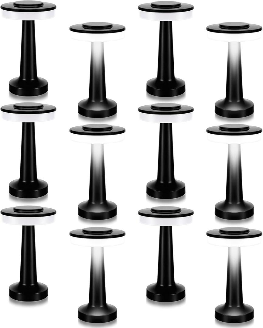 VIHOSE 12 Pcs Black Cordless Table Lamps LED Portable Table Lamp with Touch Sensor 3 Color Dimming up to 15 Hours Rechargeable Battery Desk Light for Restaurant Nursery Living Room