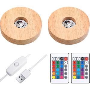 Mudder 2 Pieces LED Base Display Base Lighted Display Stand,16 Colored USB Light Table Wood Round Crystal Light Art Table Centerpiece with Remote Control