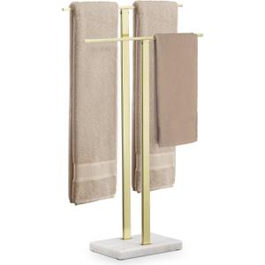 KES Standing Towel Rack with Marble Base, 2-Tier Towel Stand for Bathroom Floor, Upgrade Steady Design, T-Shaped Towel Drying Rack Gold, SUS304 Stainless Steel, Brushed Gold Finish, BTH217-BZ