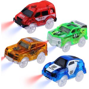 Tracks Cars Magic Light Up Track Cars Toy Glow in The Dark for 3 4 5 6 7 8 Kids Boy Girl, Race Cars with 5 LED Flashing Light Battery Operated Vehicle Compatible w/Most Tracks (4Pcs)