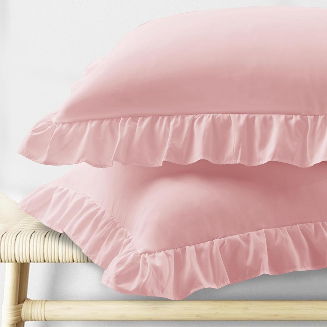 KKJIAF Ruffle Pillow Cases Queen Size Set of 2, Ruffled Pillow Covers with Envelope Closure, Wrinkle Resistant Pillowcases 20" x 30", Ruffled Pillow Shams, Light Pink