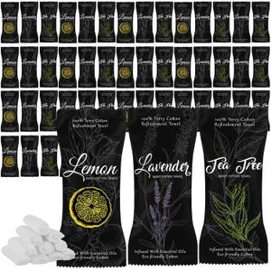 240 Pcs Moist Cotton Towel Moist Towelettes Individually Wrapped Scent Disposable Face Towel 8.6'' x 8.6'' Hot/Cold Moistened Cleansing Wipes, Lemon Tea Tree and Lavender Scent (Black)
