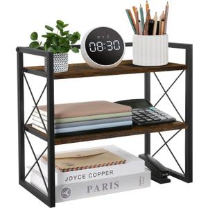 YINMIT Desktop Shelf Organizer, 2 Tier Office Shelves, Wood Desk Organizer Storage Rack and Freestanding Display Shelf for Office, Dormitory, Home (Retro)