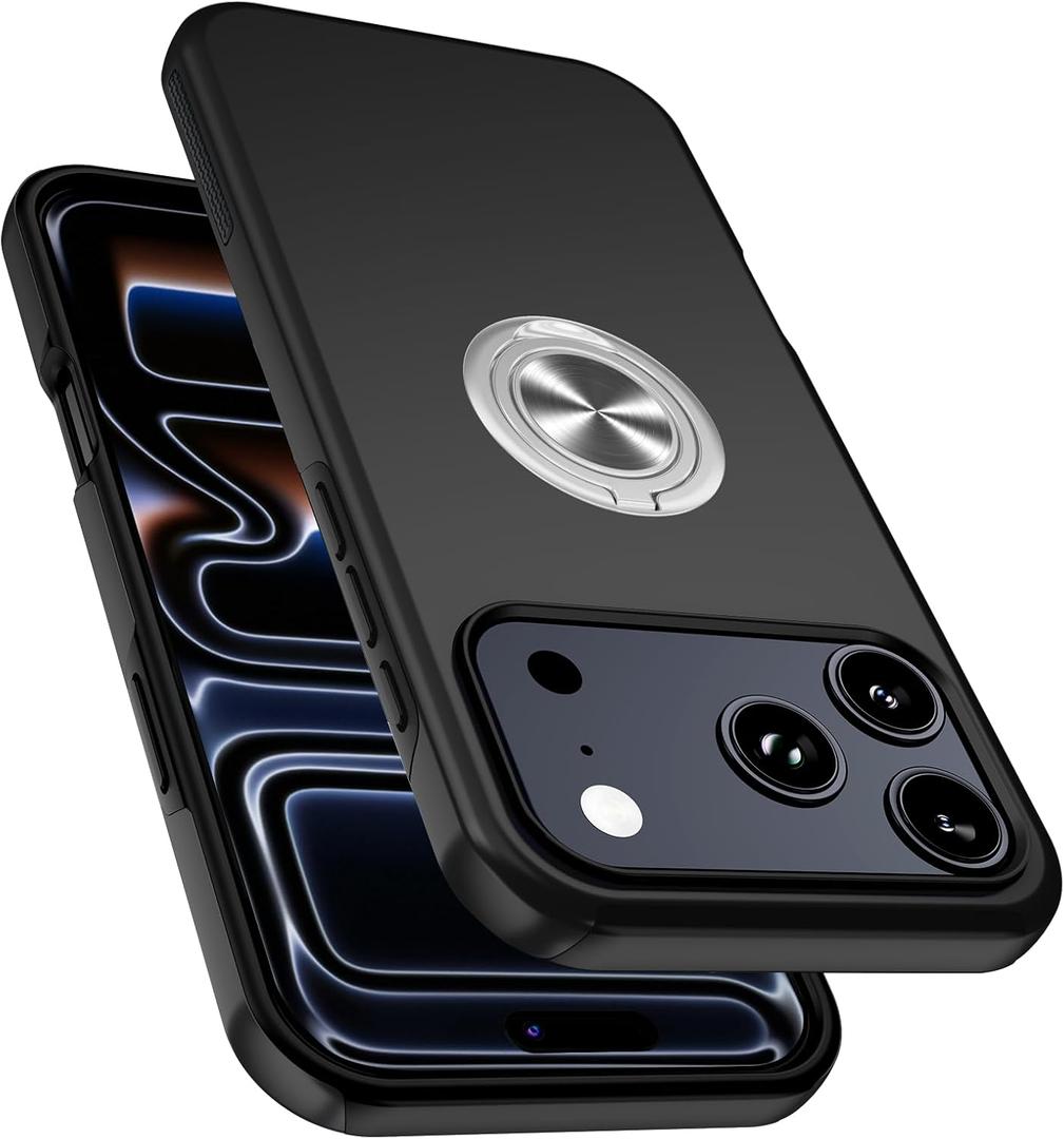 PELEPUES Shockproof Case for iPhone 17 Pro 6.3'', [Embedded Finger Ring] Military Grade Phone Case Cover with Reinforced Metal Stand Kickstand [Support Magnetic Car Holder] for iPhone 17 Pro, Black