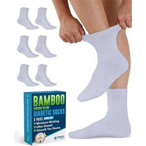 Doctor's Select Bamboo Viscose Diabetic Socks for Women & Men - 6 Pairs Non Binding Viscose Bamboo Socks for Swollen Feet (Medium, White)