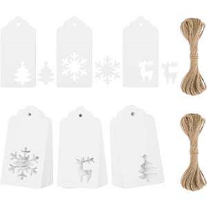 KINGLAKE Tags - 150 Pcs with String, White Xmas Holiday Blank Paper Gift Tags for Presents, Hollow Christmas Tree Snowflake Reindeer Xmas Labels