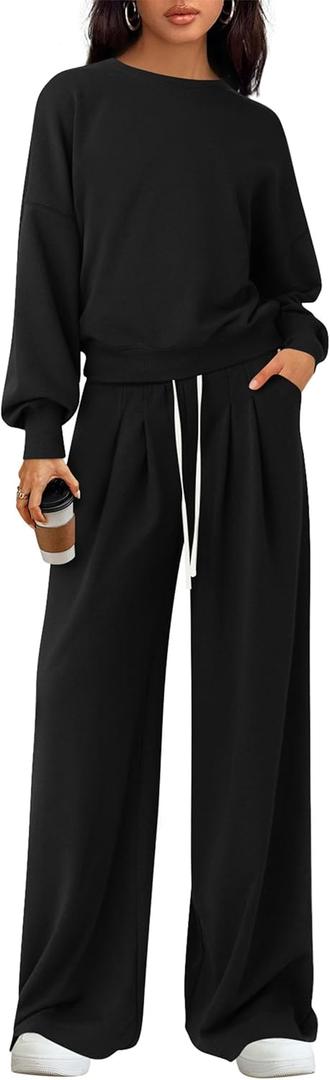 PRETTYGARDEN Womens 2 Piece Sets Long Sleeve Sweatshirt Wide Leg Pants Loose Matching Lounge Set Trendy Fall Outfits (Large, Black)