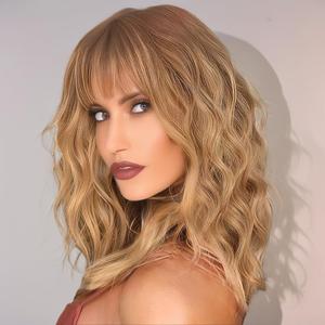 Blonde Wig with Bangs for Women Colorful Charming Synthetic Wigs Shoulder Length Curly Bob Wigs Heat Resistant Fiber Hair Blonde Wig for White Women Girls Use