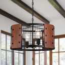 3WWWUEE 20‘’ Chandelier Farmhouse Style Black and Wood Hanging Light Fixture 4-Light Pendant Lighting with 47'' Height Adjustable Chain Dining Room, Living Room, Kitchen Island E12 Base - AJ24666