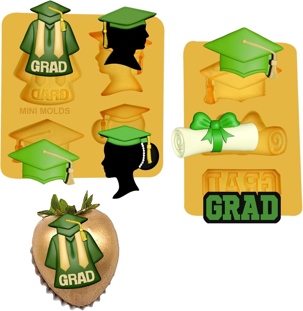 Mini Graduation Mold 2 pcs graduation Fondant mold & Chocolate Mold Set Grad Cap, Silhouettes & Grad Text for Cake Decorations, DIY Crafts & Gifts