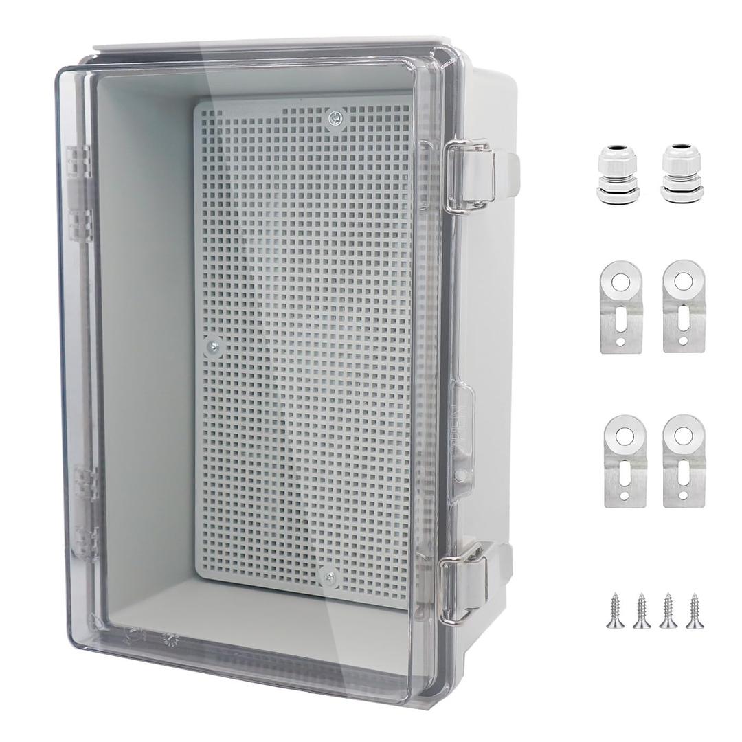 IP67 Waterproof Junction Box, ABS Plastic Electrical Enclosure with Stainless Steel Latch, Hinged Cover Electric Box with Mounting Plate, Wall Brackets & Cable Glands 300x200x130