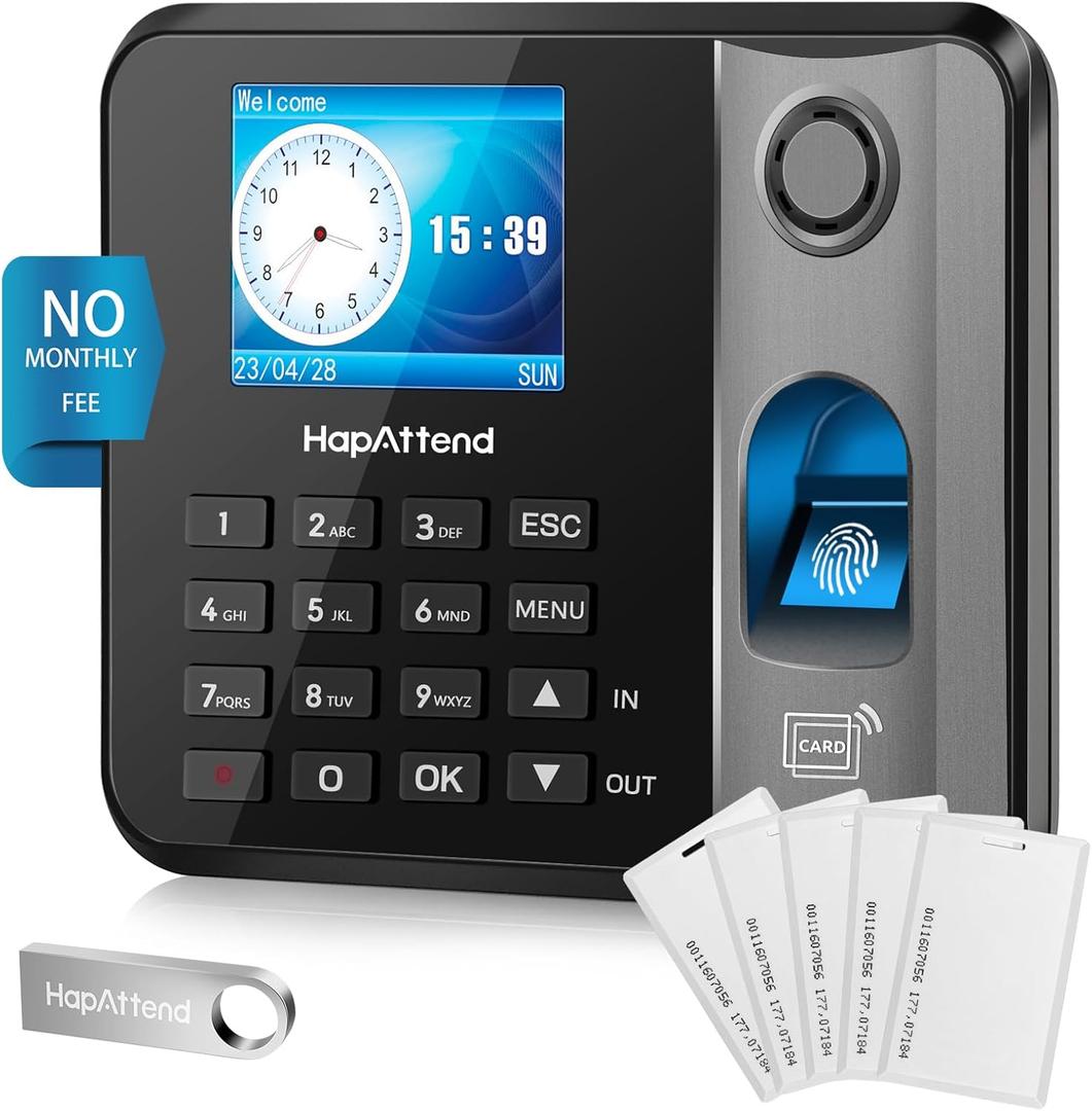 Time Clock - Fingerprint Time Clocks for Employees Small Business Automatic Calculate Hours, H1 Standalone Biometric Clock in Machine for Employees with 5 RFID Cards (0 Monthly Fees)