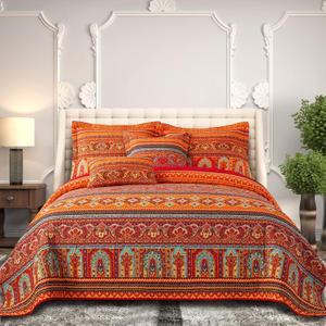 BEDIFANY Cotton Quilts Queen Size Set - Lightweight Bedspreads Queen Size - Soft Colorful Orange Quilted Quilt Bedding Sets (90 * 98 Inch) with 2 Pillow Shams for Bed Decoration Coverlet, 3 Pieces