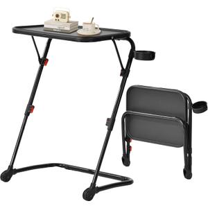 FurnitureR Folding End Table Z-Shaped with Cup Holder, Foldable TV Tray with 4 Height & 3 Tilt Angle, Portable Space-Saving Snack Dinner Side Table for Bed, Sofa, Couch, Metal Frame, Set of 1, Black