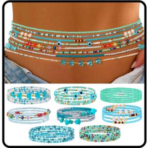 ELABEST Adjustable Handmade Waist Beads Stretchy 23-52 inch 8Pcs Chakra Yoga Body Belly Beaded Women Waist, Anklet, Bracelet, Necklace Jewelry with Screw clasp