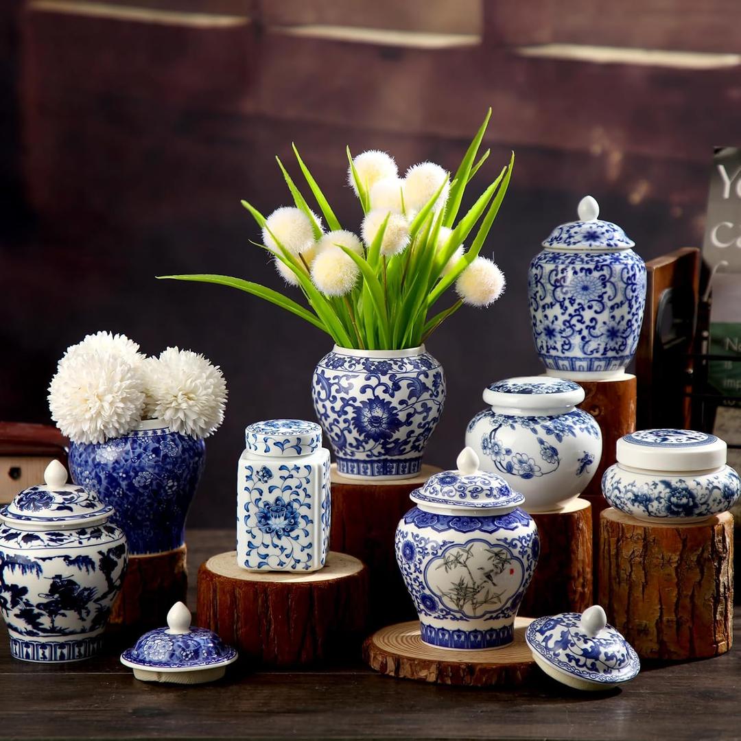 Funnymoom 8 Pcs Small Blue and White Vase Ceramic Small Ginger Jar with Lid Porcelain Vases Chinoiserie Decor Chinese Ginger Jars for Home Bedroom Tabletop Decor Table Accent Shelf