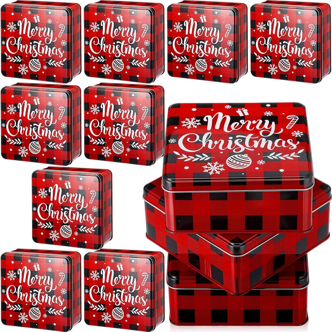 Tandefio 6 Pcs Christmas Cookie Tins with Lids, 6.3 inch Metal Cookie Tins Jar Storage Container Square Candy Storage Gift Giving Box Candy Boxes for Christmas Holiday Treat Cakes