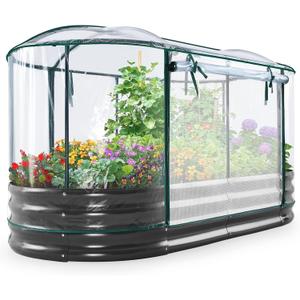 KING BIRD Raised Garden Bed with Cover Galvanized Oval Planter Garden Box Outdoor for Gardening, Vegetables, Flowers 71x36x12 in, White