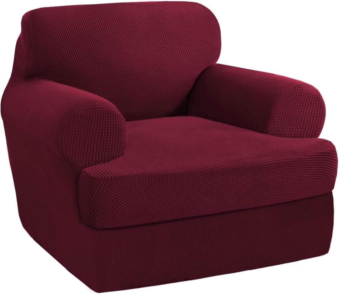 PrinceDeco 2 Pieces Armchair Slipcover Stretch Couch Covers for T Cushion Chair Slipcovers Soft Arm Chiar Cover Furniture Covers with 1 Individual T Shape Seat Covers Width Up to 40", Burgundy
